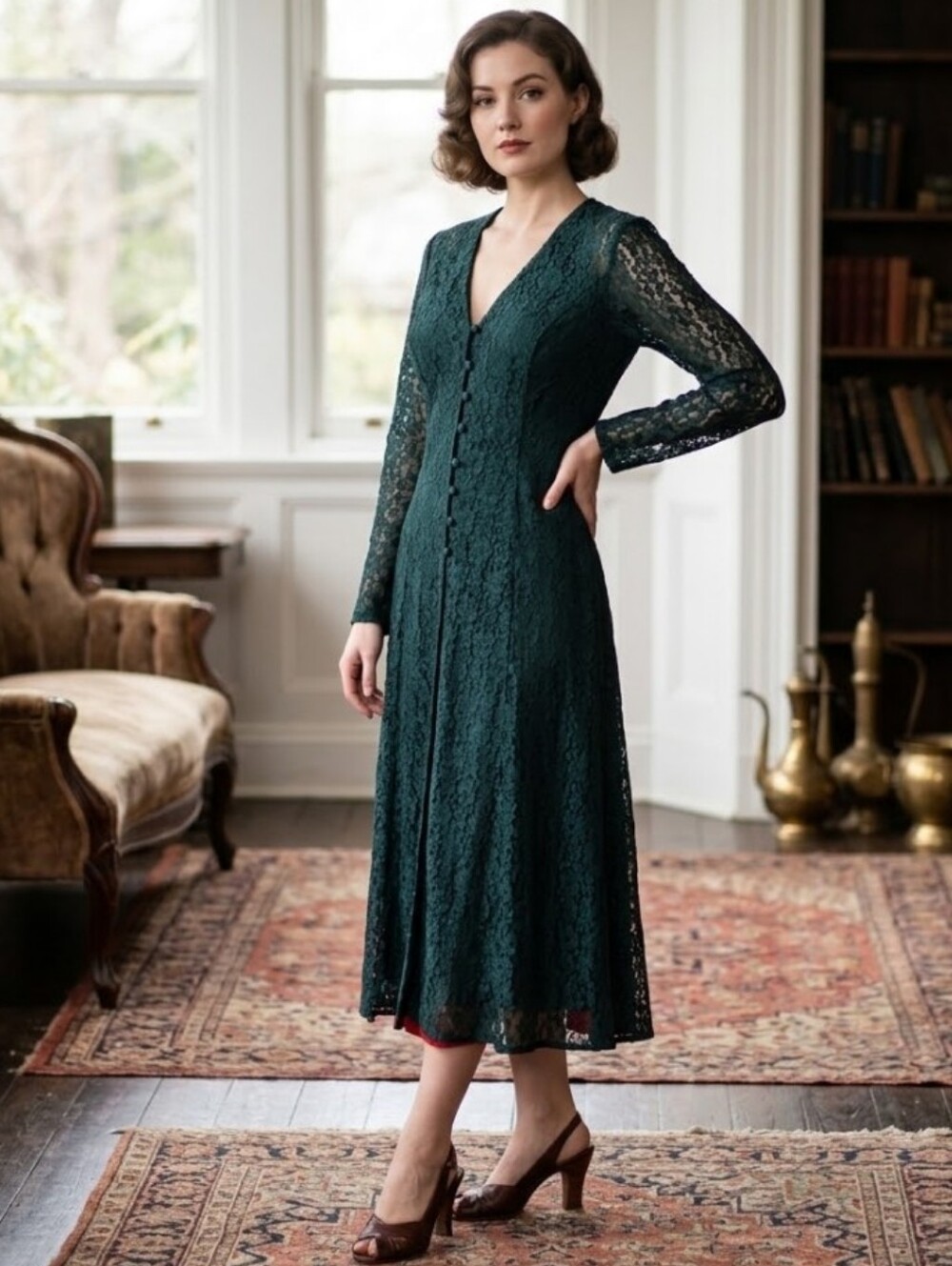 Vintage BETSY'S THINGS 80's Green Lace V Neck Corset Midi Dress